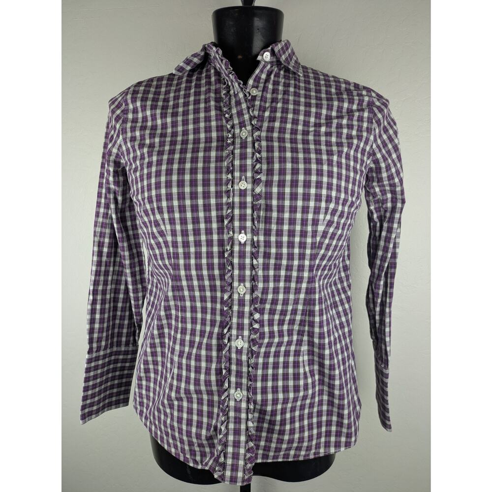 Lands' End Purple Plaid Ruffle Button Front Long Sleeve Cotton Shirt